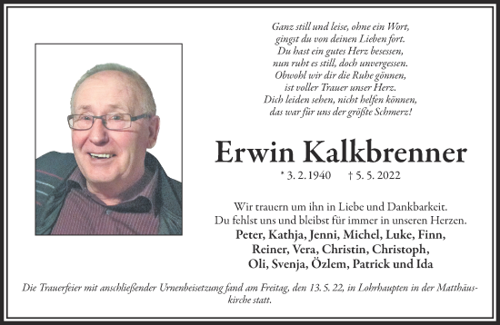 Traueranzeige von Erwin Kalkbrenner von Mittelhessen-Bote
