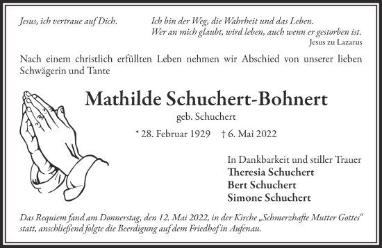 Traueranzeige von Mathilde Schuchert-Bohnert von Mittelhessen-Bote
