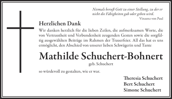 Traueranzeige von Mathilde Schuchert-Bohnert von Gelnhäuser Neue Zeitung