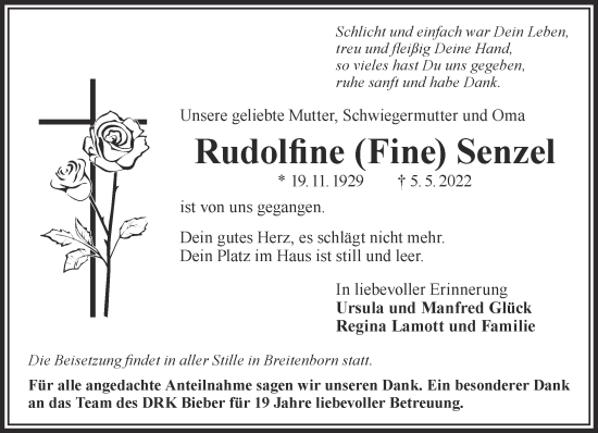 Traueranzeige von Rudolfine Senzel von Gelnhäuser Neue Zeitung