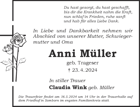 Traueranzeige von Anni Müller von Gelnhäuser Neue Zeitung