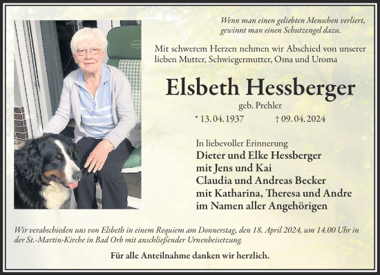 Traueranzeige von Elsbeth Hessberger von Gelnhäuser Neue Zeitung