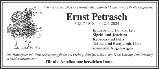 Traueranzeige von Ernst Petrasch von Gelnhäuser Neue Zeitung