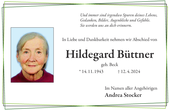 Traueranzeige von Hildegard Büttner von Gelnhäuser Neue Zeitung