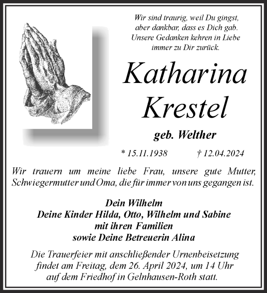Traueranzeige von Katharina Krestel von Mittelhessen-Bote