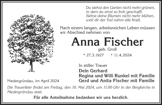 Traueranzeige von Anna Fischer von Gelnhäuser Neue Zeitung