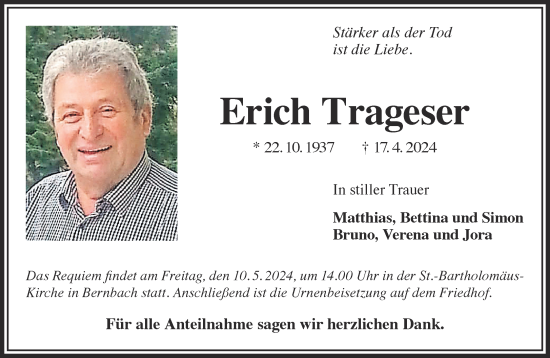 Traueranzeige von Erich Trageser von Gelnhäuser Neue Zeitung