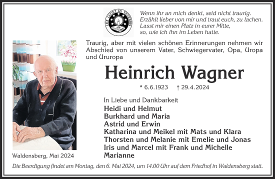 Traueranzeige von Heinrich Wagner von Gelnhäuser Neue Zeitung