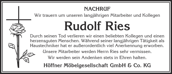 Traueranzeige von Rudolf Ries von Gelnhäuser Neue Zeitung